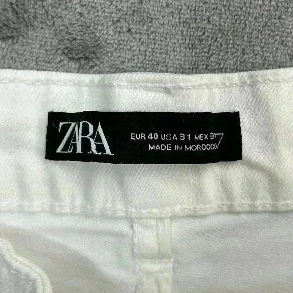 Zara Pants Womens Size 31 High Waisted White Denim Jeans Raw Hem Distressed - Picture 8 of 11